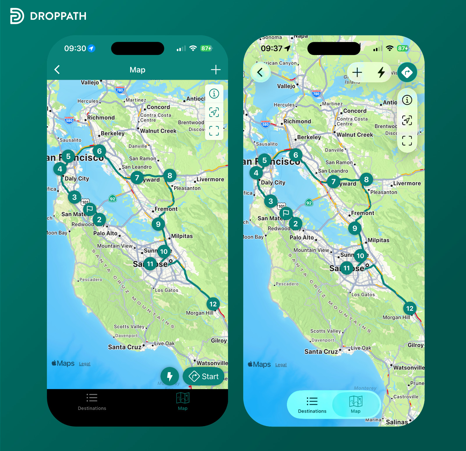 Capture d&rsquo;écran de Droppath avec son ancien et nouveau look de carte