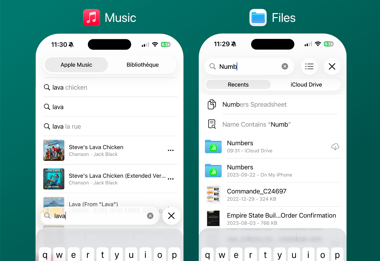 Capture d&rsquo;écran de Musique et Fichiers avec ordre de recherche inversé